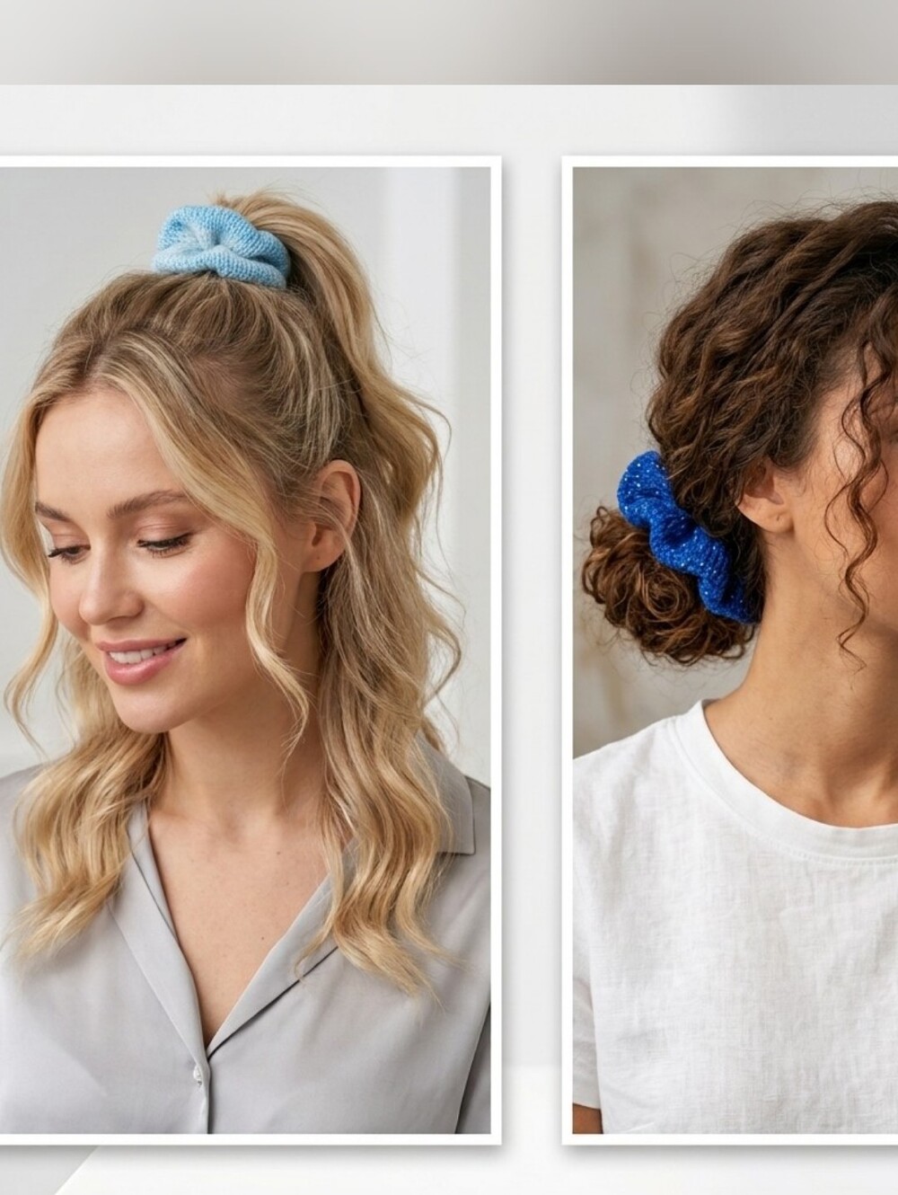 Hand Knit Blue Scrunchies Set, Soft Stretch Hairbands